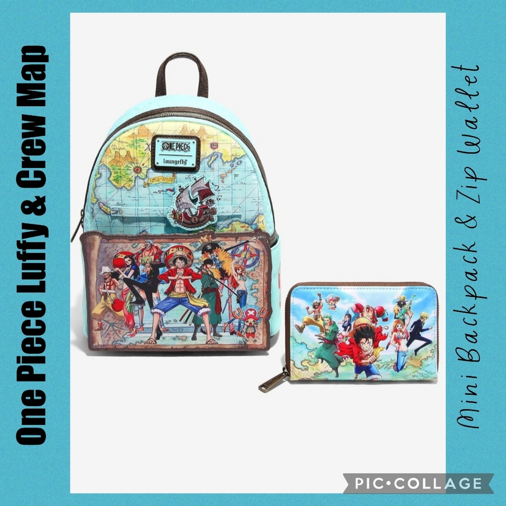 LOUNGEFLY One Piece Luffy & Crew Map  Mini Backpack & Zip Wallet
